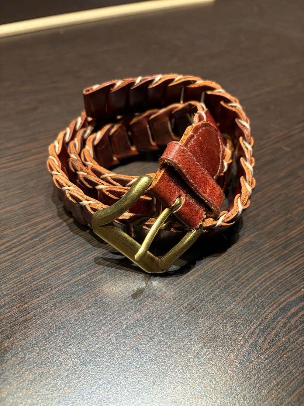 Vintage Genuine Leather Woven Link Belt Medium Brown Brass Buckle